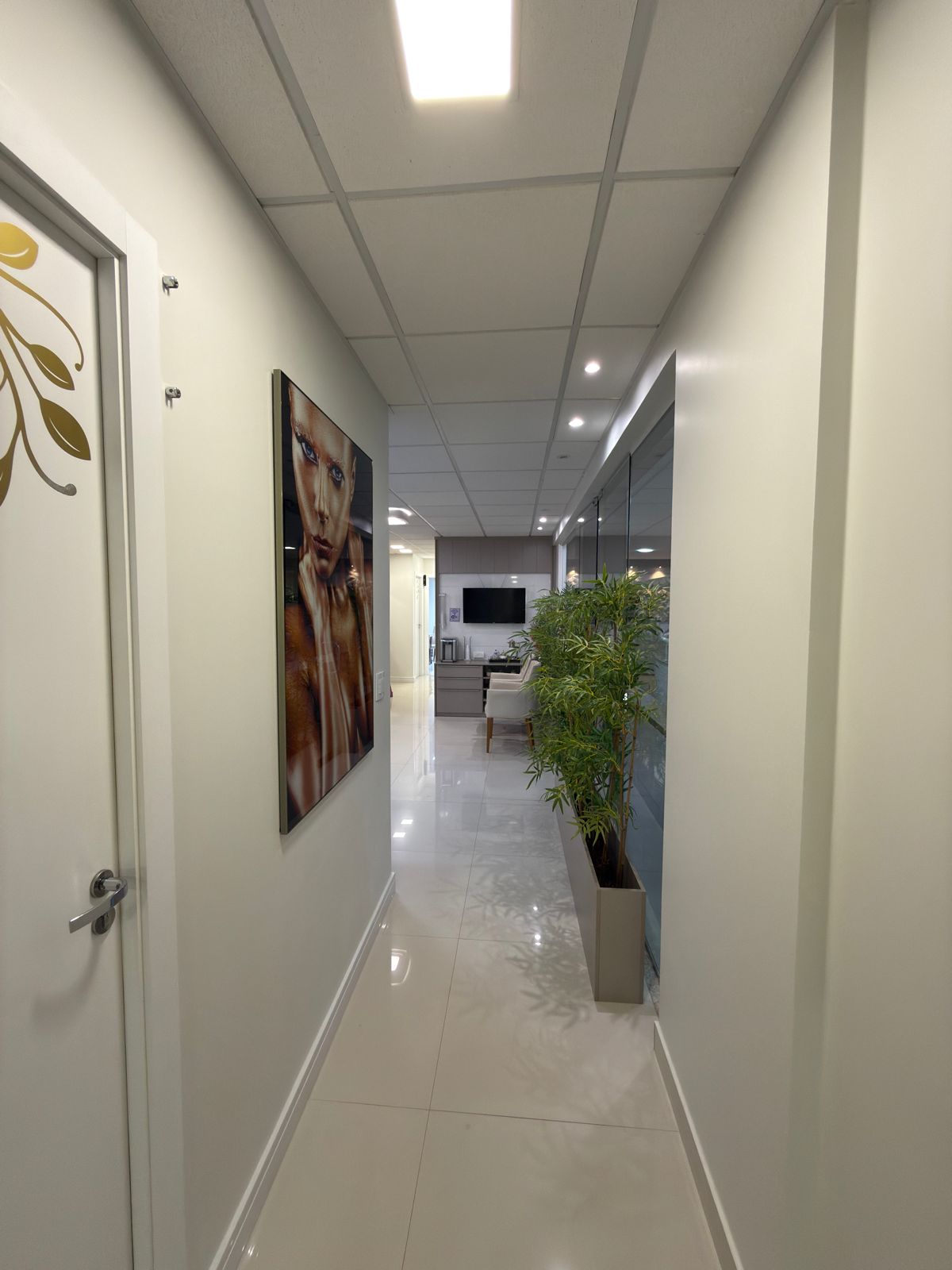 Corredor interno do consultório com decoração sofisticada